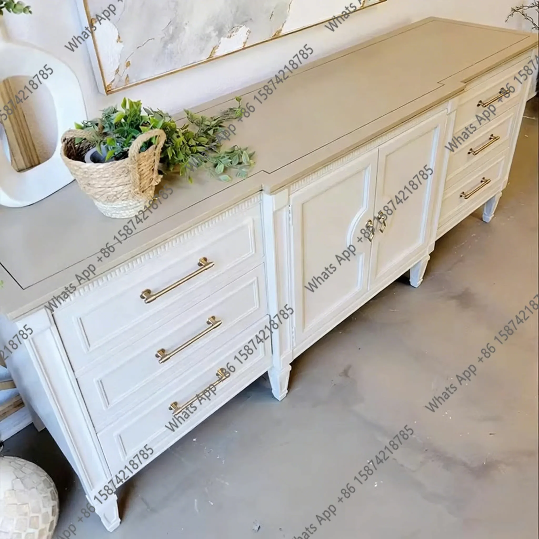 X French Retro Solid Wood Dining Side Cabinet, American Country Cream Style Antique Contrasting Color TV Cabinet, Home Entrance