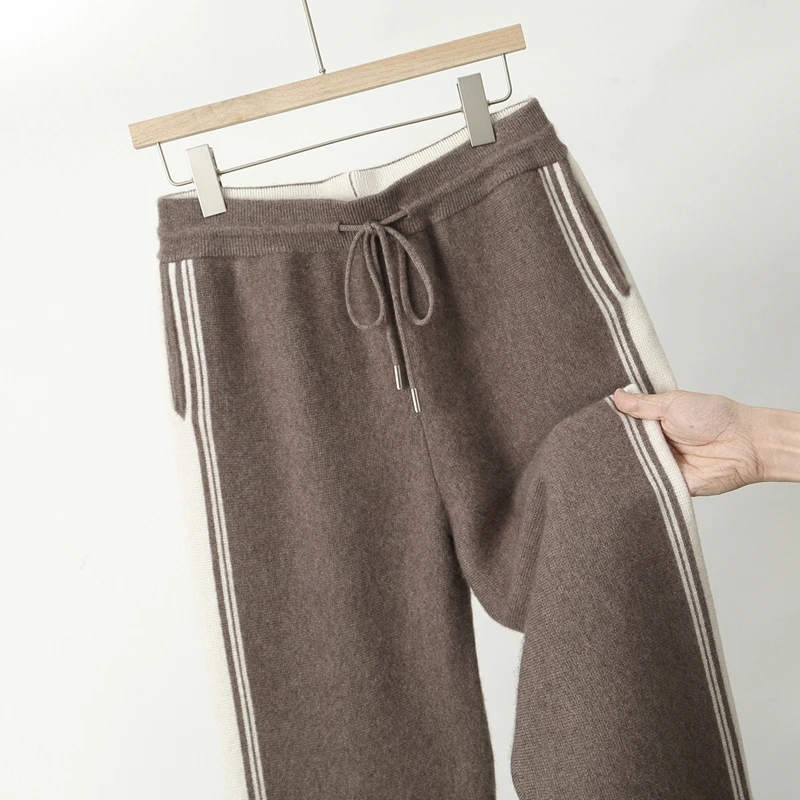

Autumn Winter Men's 100% Merino Wool Jacquard Thick Elastic-Waist Straight-Leg Long Pants Stylish Casual Business Knitted Pants