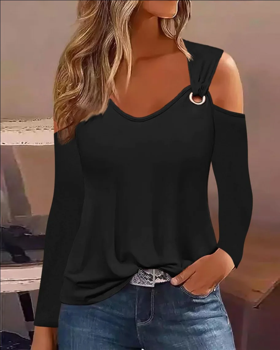 Women's Cold Shoulder Long Sleeve Top with V Neck and Metal Ring Detail Casual Loose Fit T Shirt for Everyday Wear