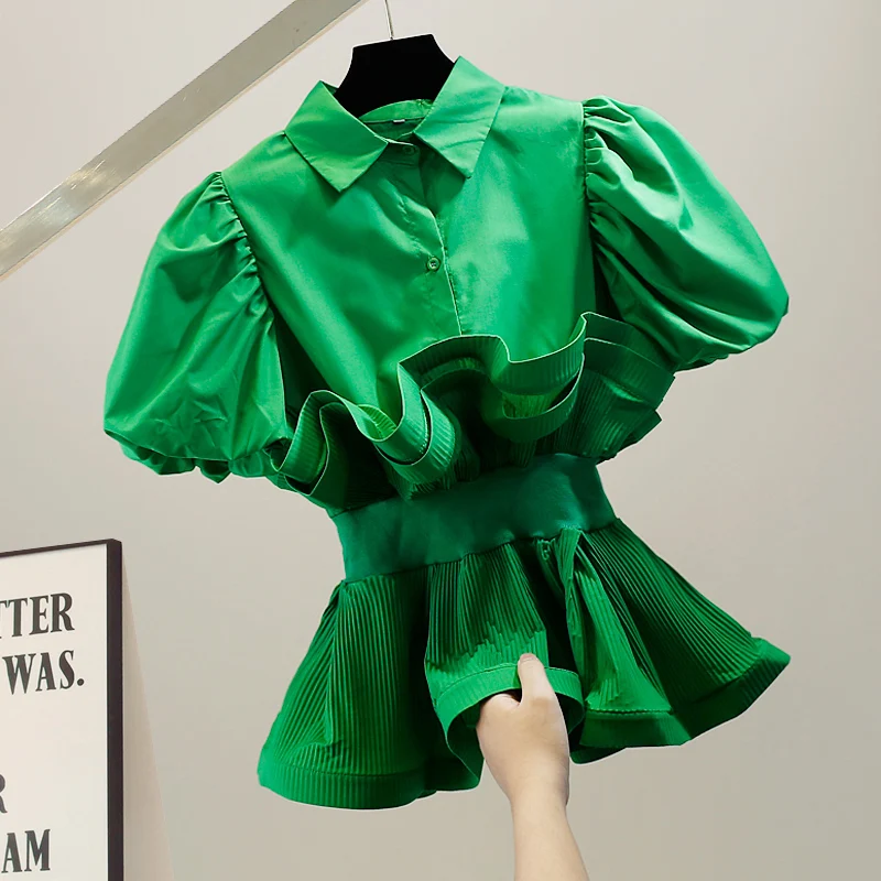 

Faionable Pleated Ruffle Hem ort Sve irt Waist Cinching Bubble Sve Overhead Pure Color Slimming Top Korean Sle ...