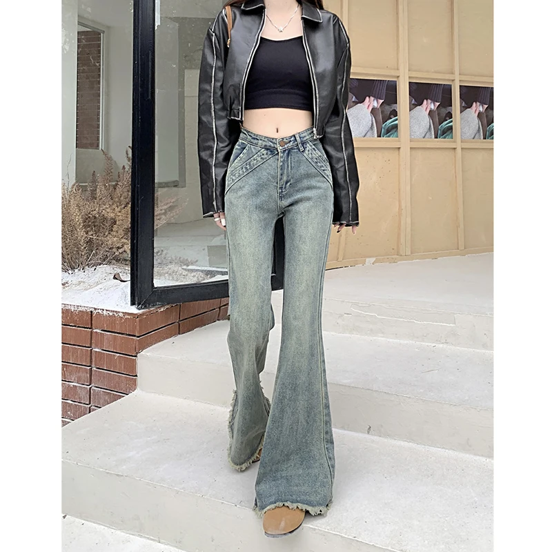 

WCFCX STUDIO Retro Washed Micro Flared Jeans Female High Wasit Pantalon Femme Harajuku Streetwear Punk Casual Pants Y2k