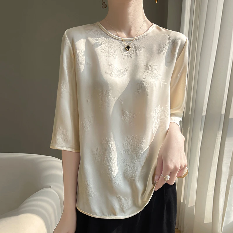 

RONGYI New National Style Summer Silk Jacquard Relief Women's Shirt Pullover Chiffon Chinese Loose Solid Color Cheongsam Top