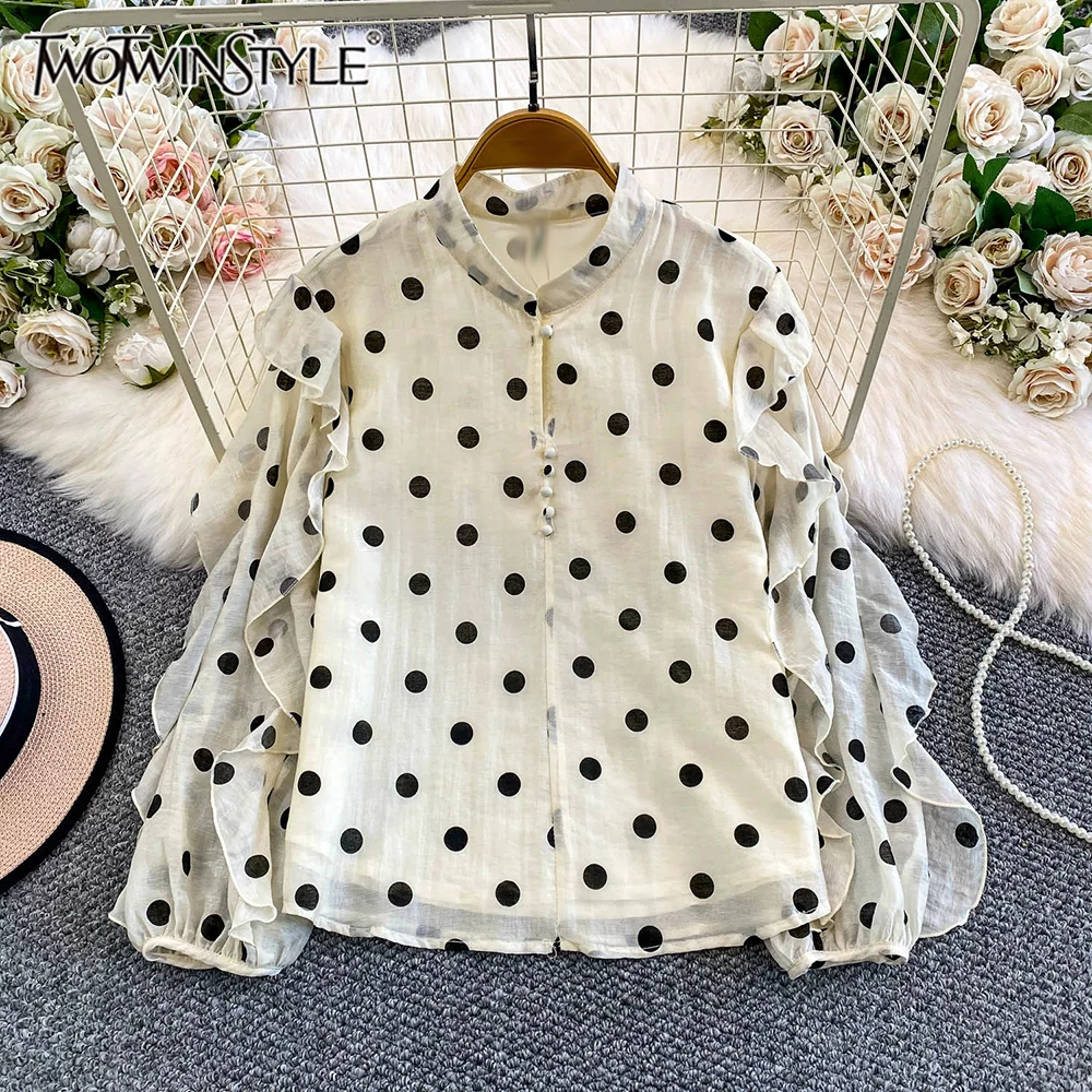 TWOTWINSTYLE Loose Ruffle Elegant Blouses For Women Round Neck Long Sleeve Spring Casual Commute Shirts Female Style KBL557032