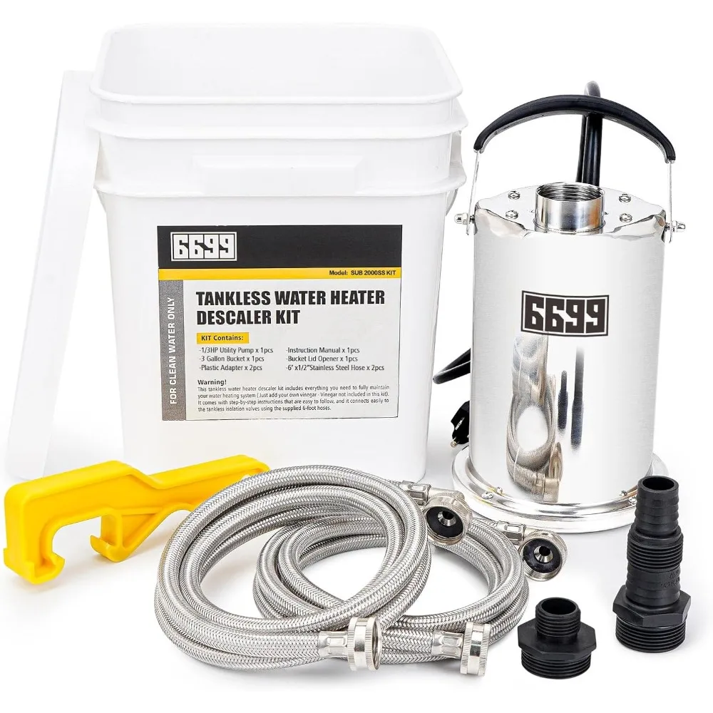

Tankless Water Heater Flush Kit Includes 1/3HP Stainless Steel Sump Pump with Two Adapters & 3 Gallons Pail