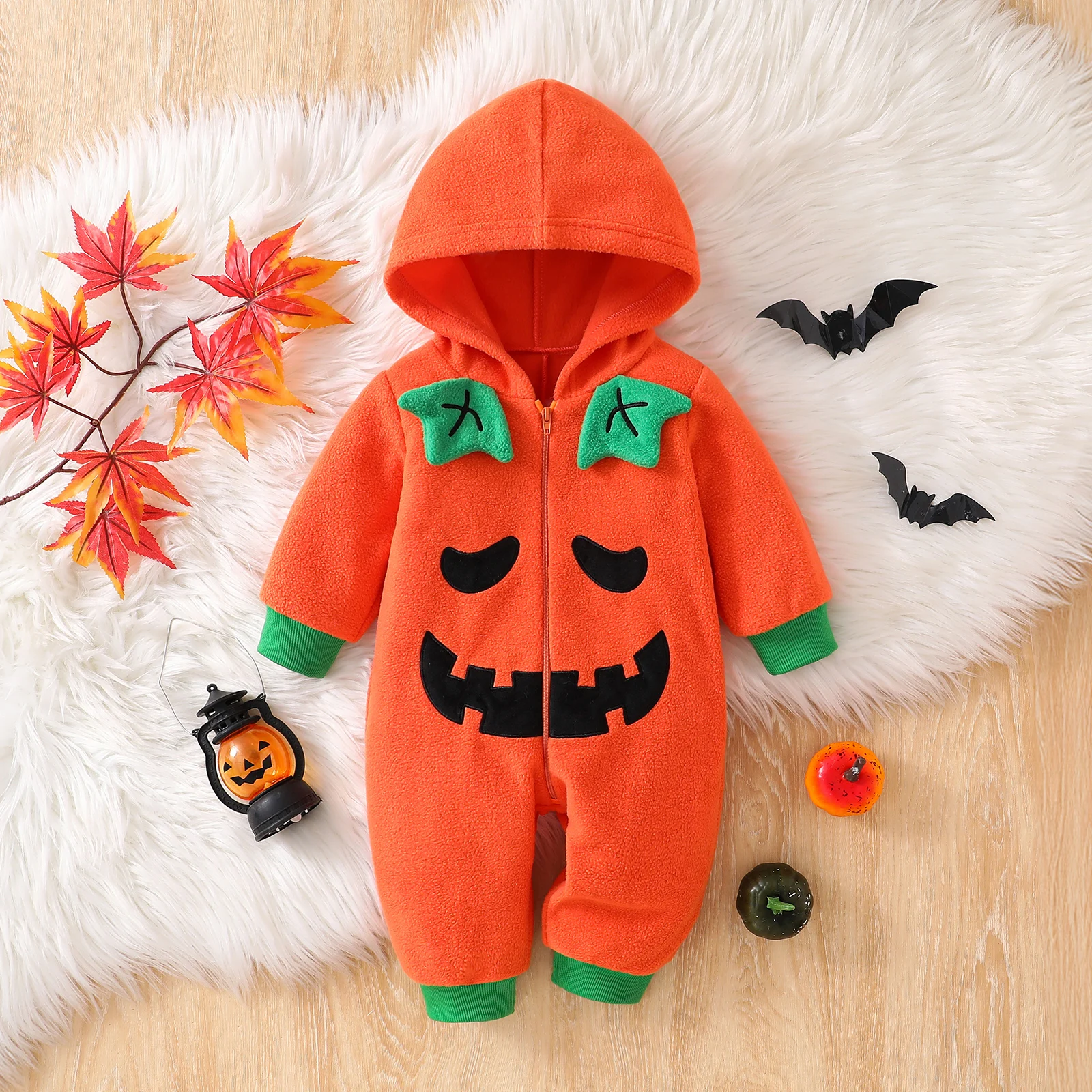 

VISgogo 0-24 Months Baby Boy Girl Pumpkin Romper Contrast Trim Long Sleeve Hooded Jumpsuit Cute Halloween Costume