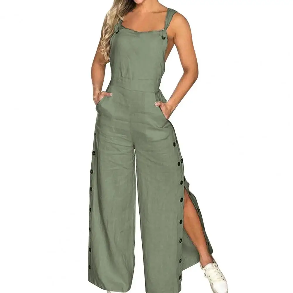 

Women's Sleeveless Wide Leg Jumpsuit with Side Pockets And Button Closure Loose Straight-Leg Romper Girls macacão feminino