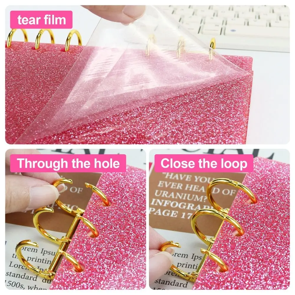 Capa acrílica para caderno a6, pasta transparente com glitter, material de papelaria para escritório, capa para scrapbook, escola e escritório