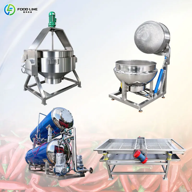Chili Sauce Making Machine Tilting Cooking Mixer Pepper Crusher & Vibrating Dewatering Screen Steel Equipment Customized