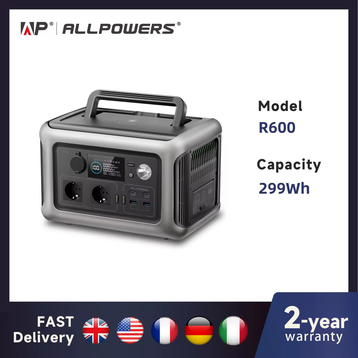 Портативная электростанция ALLPOWERS R600, литий-железо-фосфатный аккумулятор 299 Вт·ч с двумя розетками по 600 Вт (1200 Вт перенапряжения), розетки переменного тока для кемпинга, автодомов и дома.