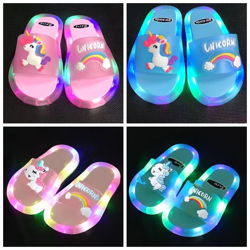Children LED Light Slippers Baby Boy Girl Cartoon Unicorns Print Summer Kids Indoor Non-slip Soft Infant Beach Shoes Size 24-35