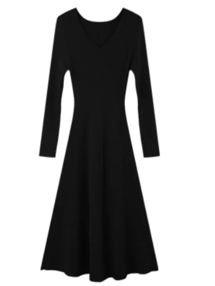 Vestido de malha feminino fino com decote em v, outono inverno, manga comprida, bodycon, midi, suéter, elegante, cintura, linha a, roupa de camada interna