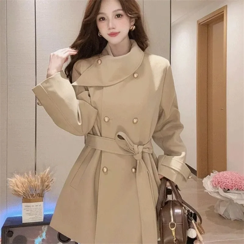 

Korean Windbreaker Women Jacket Spring Autumn 2026 New Ladies Wind Outerwear Slim Scarf Design Black Overwear Woolen Coat Female
