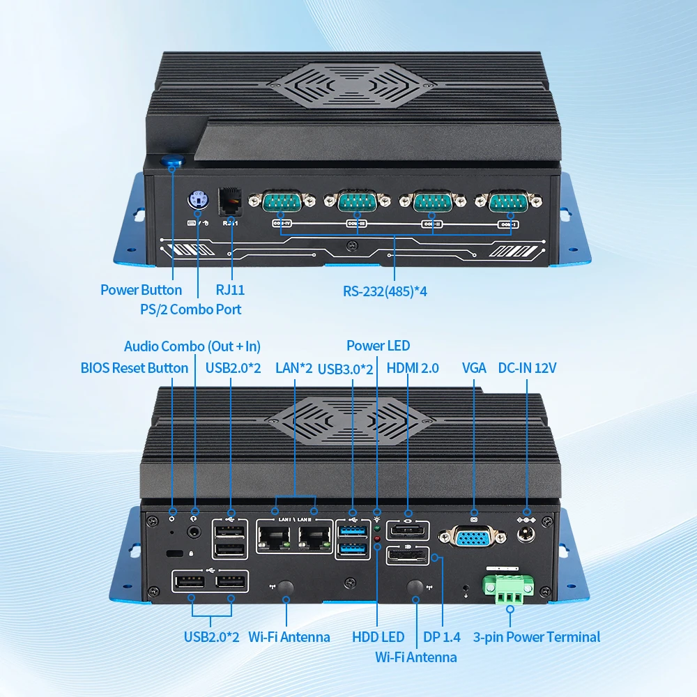 VNOPN 11. Generation Lüfterloser Mini-Computer 4*RS232 RS485 RJ11 Dual LAN Windows10/11 Linux Embedded Computer Industrieller Mini-PC