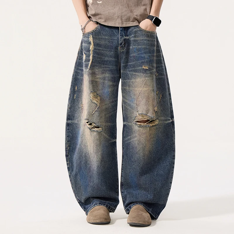 

American Style Trendy Washed Ripped Distressed Men's Jeans Hole Design Loose Casual Wide Leg Denim Scimitar Pants