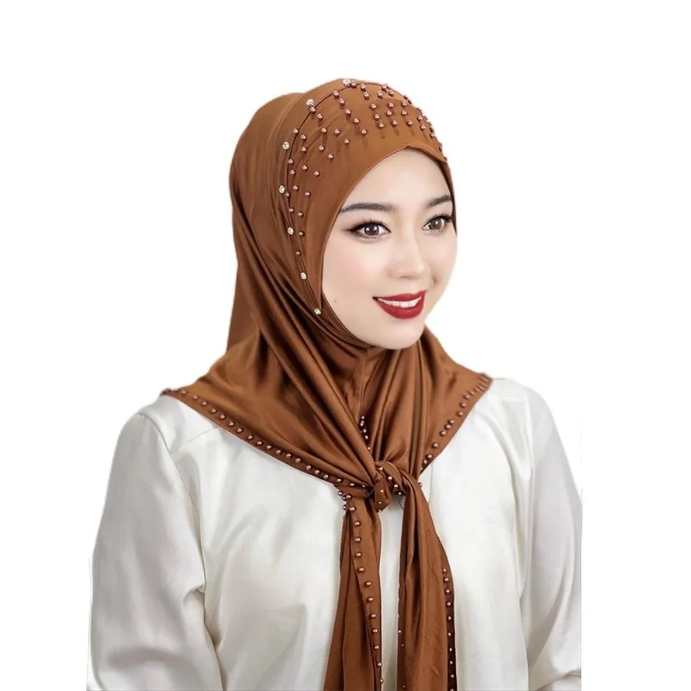Convenient Soft Beaded Instant Hijab Breathable Easy Wrap Malay Headscarf Solid Color Stretch Pullover Scarf Daily Wear
