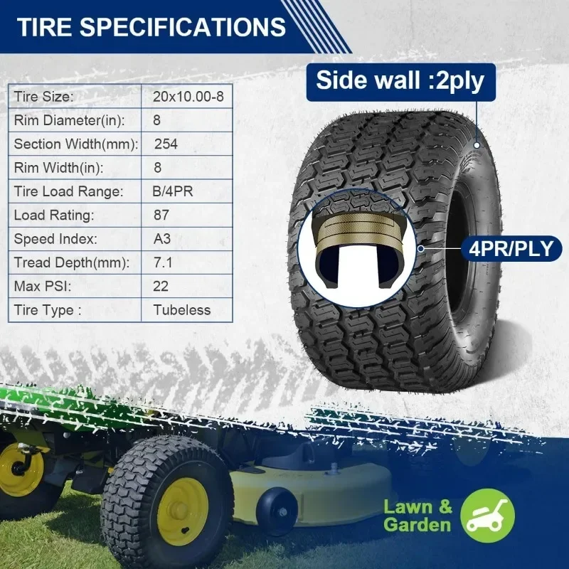 

Authenticity guarantee.20x10.00-8 Lawn Mower Tires, 20x10-8 Tractor Turf Tire, 20x10x8 NHS Tires, 4PR/Ply Tubeless, Set of 2.HOM