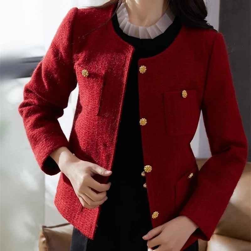 Women Red Tweed Blazers New Autumn Winter O-Neck Single-Breasted Suit Small Fragrance Jacket Female Korean Elegant Lady Coats
