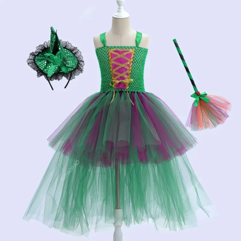 

New Halloween Vampire Witch Dress Front Short Back Long Shoulder Feather Tail Children's Day Performance Dark Queen Tu Tu Dress