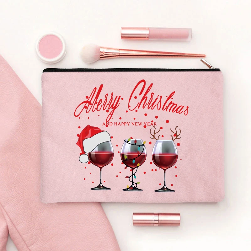 

Hot Selling Merry Christmas Red Wine Aesthetics Makeup Bag Women's Party Gift Lipstick Storage Pouchs Women's Cosmetic Bag Pouch