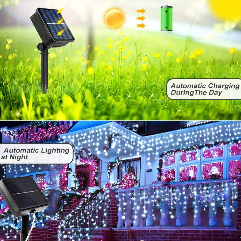 الشمسية LED الطنف جليد سلسلة أضواء 8 طرق الإضاءة في الهواء الطلق مقاوم للماء زينة عيد الميلاد أضواء الجنية لحديقة ساحة