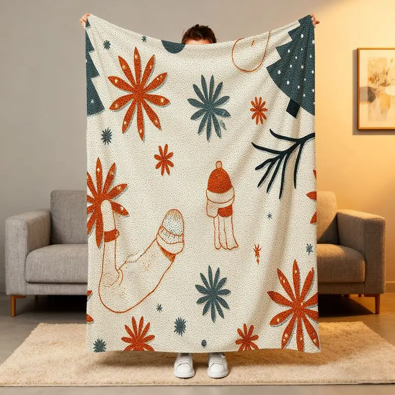 

1pc Beige Teal Floral Fleece Blanket - Starburst Flowers, All-Season Winter Christmas Bedspread