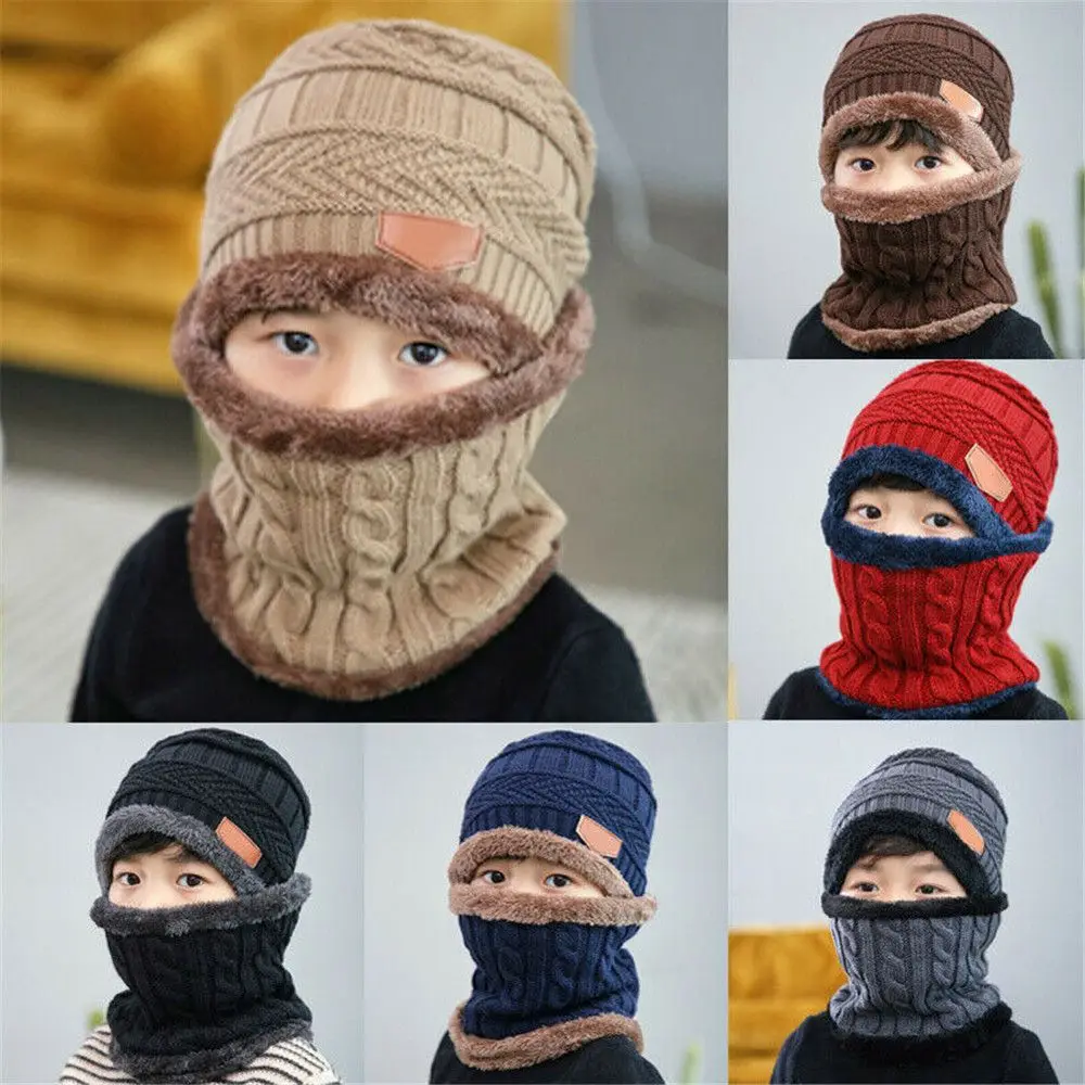 Kids Winter Neck Scarf Cap Set Fashion Beanie Warm Hat Scarf Set Neck Cover Fleece Knitted Thick Ski Cap Warm Balaclava