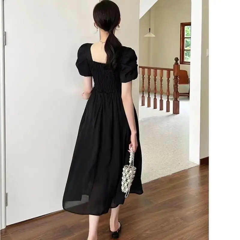 Fashion Square Collar Solid Color Folds Puff Sleeve Party Dress Women's Clothing 2024 Summer New Loose Sweet Princess Dress