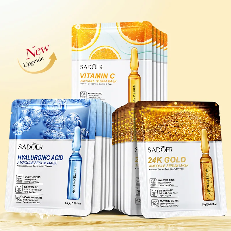 SADOER-mascarilla Facial con ácido hialurónico, máscara Facial hidratante con vitamina C, reafirmante, para el cuidado de la piel, oro de 24 quilates, 15 piezas