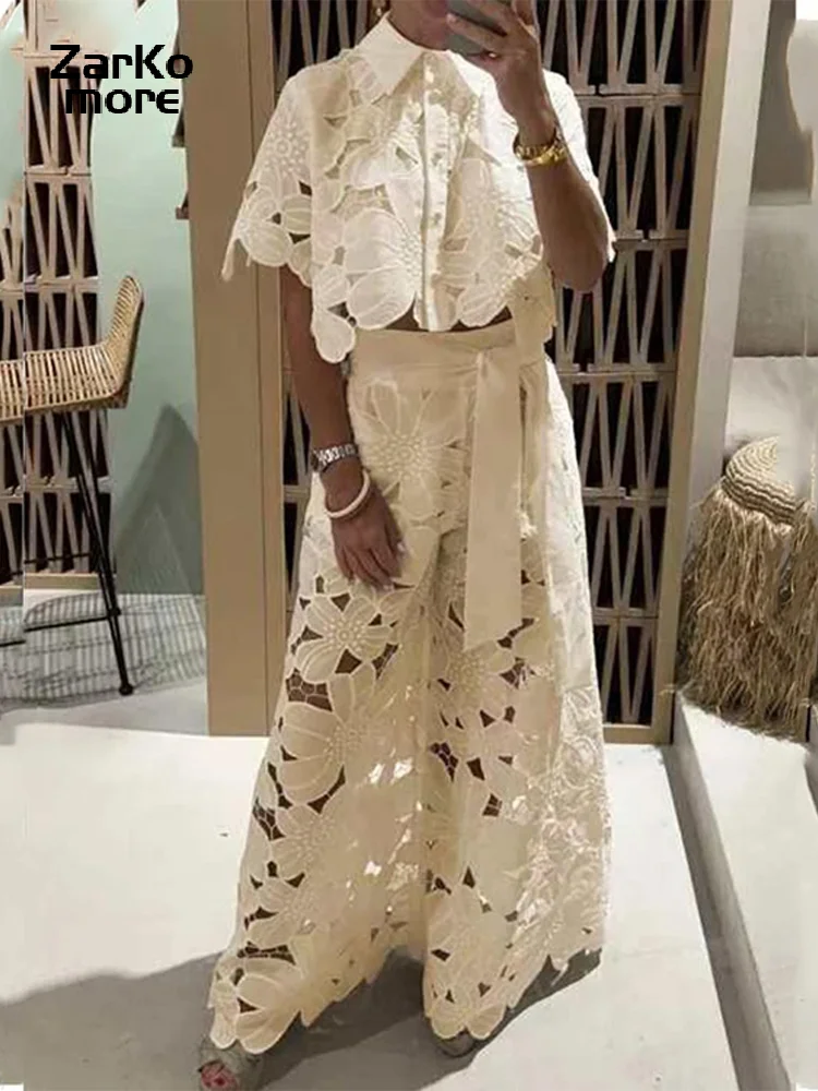 Embroidery Hook Flower Hollow Out Pants Sets Women Lapel Solid Top Lace Up High Waist Wide Leg Trousers 2024 Lady 2 Pieces Suits