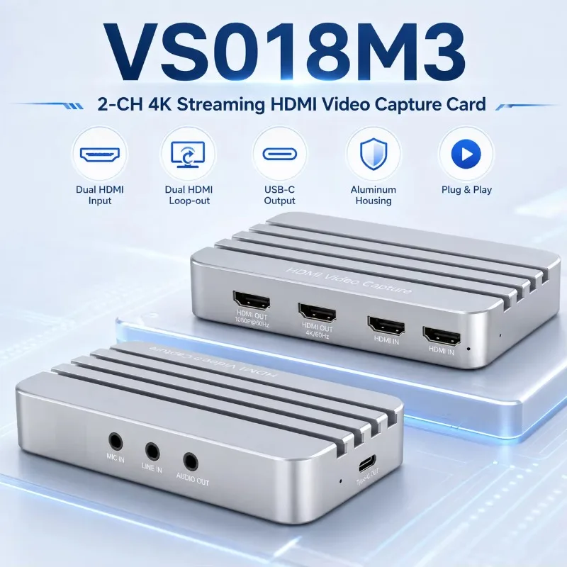 2Channel HDMI Capture Card USB3.0 1080P60/30with Dual HDMI Loopout3.5mm Mic Line in Audio Out Driver Free Live Streaming Grabber