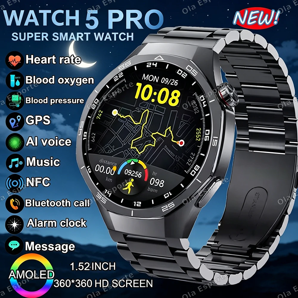 2026 New Smart Watch 5 Pro Men HD AMOLED Screen GPS Heart ra