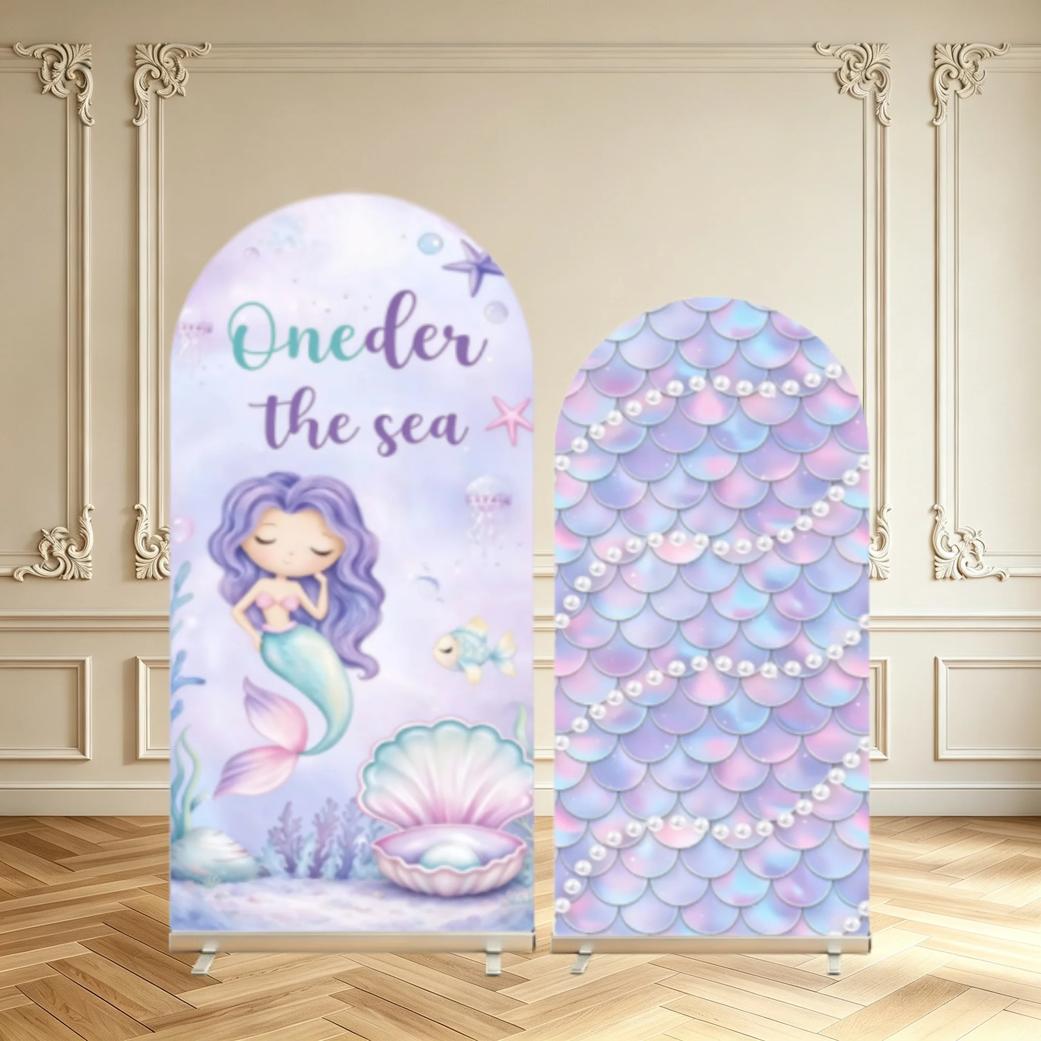 Oneder The Sea Mermaid Arch Backdrop Cover Mermaid Scales Pearl Girl 1st Birthday Party Decoration Double Sided Arch Covers