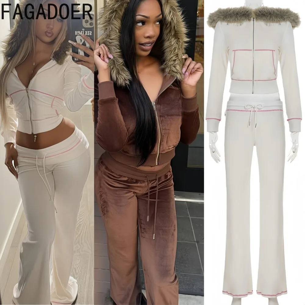 

FAGADOER Autumn New Fashion Woman 2 Piece Set Outfit Fur Patchwork Zip Hoodie Crop Top and Pants Female Streetwear Clothing 2025