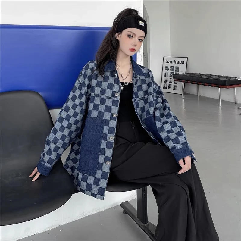 2023 Spring New Plaid Denim Coats Women High Street Hip Hop Turn Down Collar Long Sleeve Oversized Jackets Couples