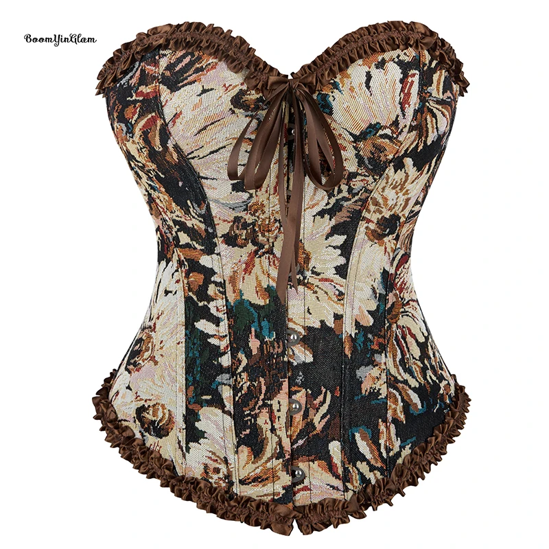 12 Fishbones Supported Oil Painting Brown Steampunk Clothing Woman's Pleated Boned Corset