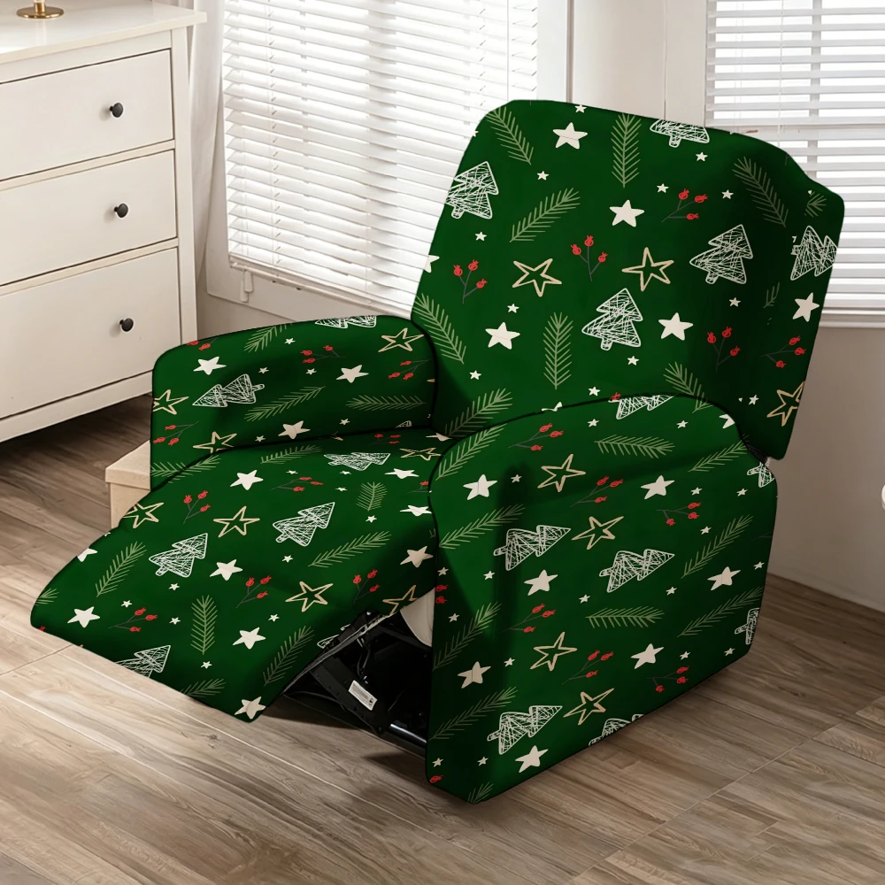 Dark Green Line Art Christmas Tree Star Pine Twig Red Berry Print Stretch Recliner Chair Coverfor Xmas Holiday Home Decor
