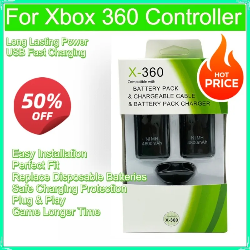 4800mAh 3 in 1 Battery Pack for Xbox 360 Wireless Controller Battery Rechargeable Battery Kit USB Charging Cable