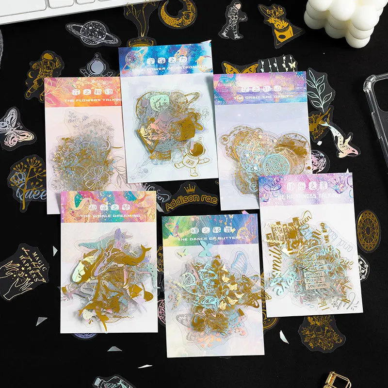 50 Pcs Vintage Astronomy Stickers Bronzing Universe Washi Stickers Planets Plants Decoration For Album Scrapbook Album Planner