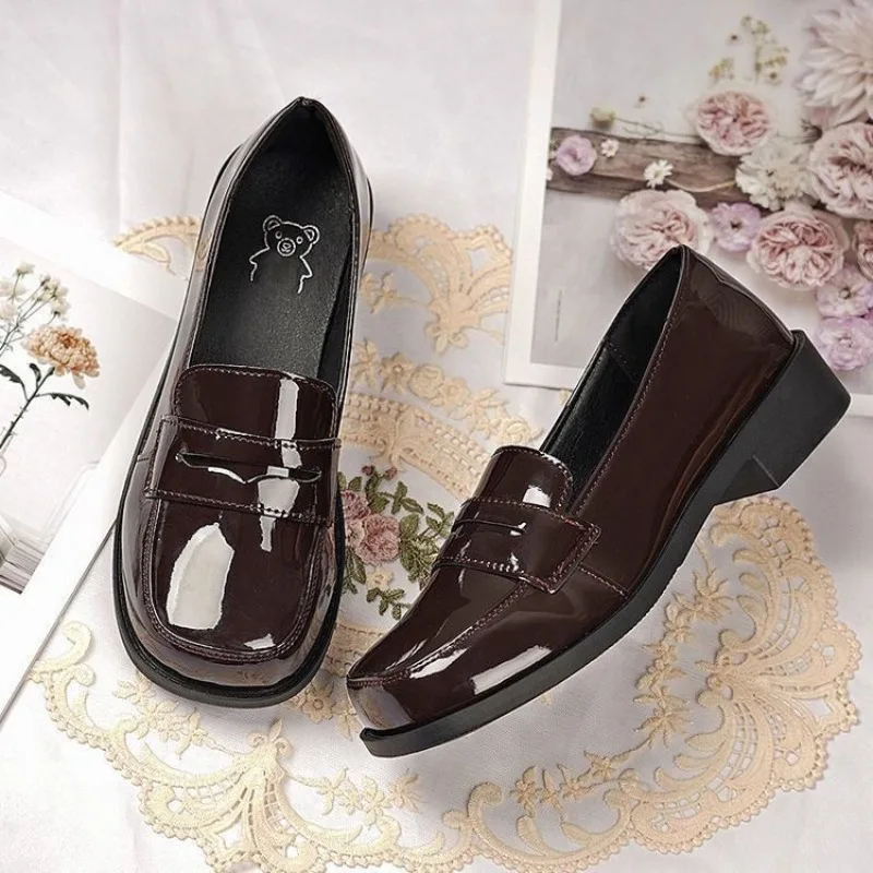 Leather Mary Jane shoes Black brown women's shoes Fashion College fengri Department thick heel leather shoes zapatos de mujer