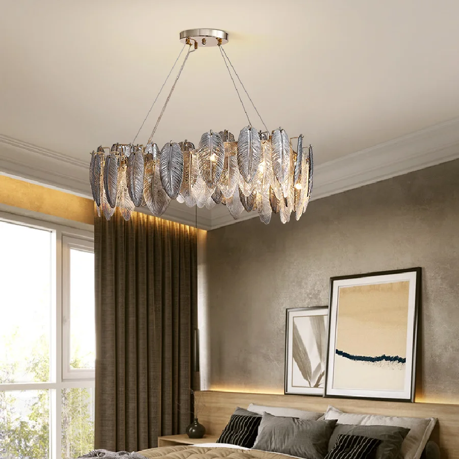 Luxury Feather Glass G9 Led Chandelier Modern Living Room Gold Metal Chandelier Lighting Foyer Lustre Led Lighting Fixtures