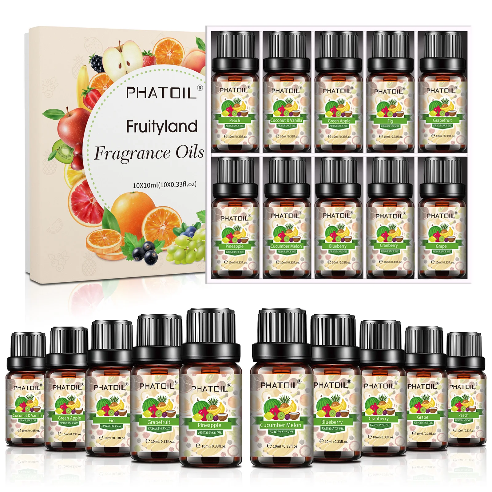 PHATOIL 10PCS Fruit Fragrance Oils Set for Diffuser-10ML Coconut & Vanilla Pineapple Peach Blueberry Grapefruit Grape Aroma Oil