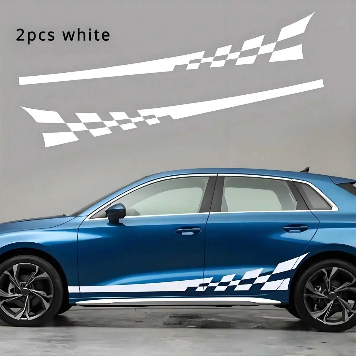 2Pcs Glossy Car Side Body Decals Checkered Flag Racing Stripes Self-Adhesive PVC Sticker for Door Skirt 180cm