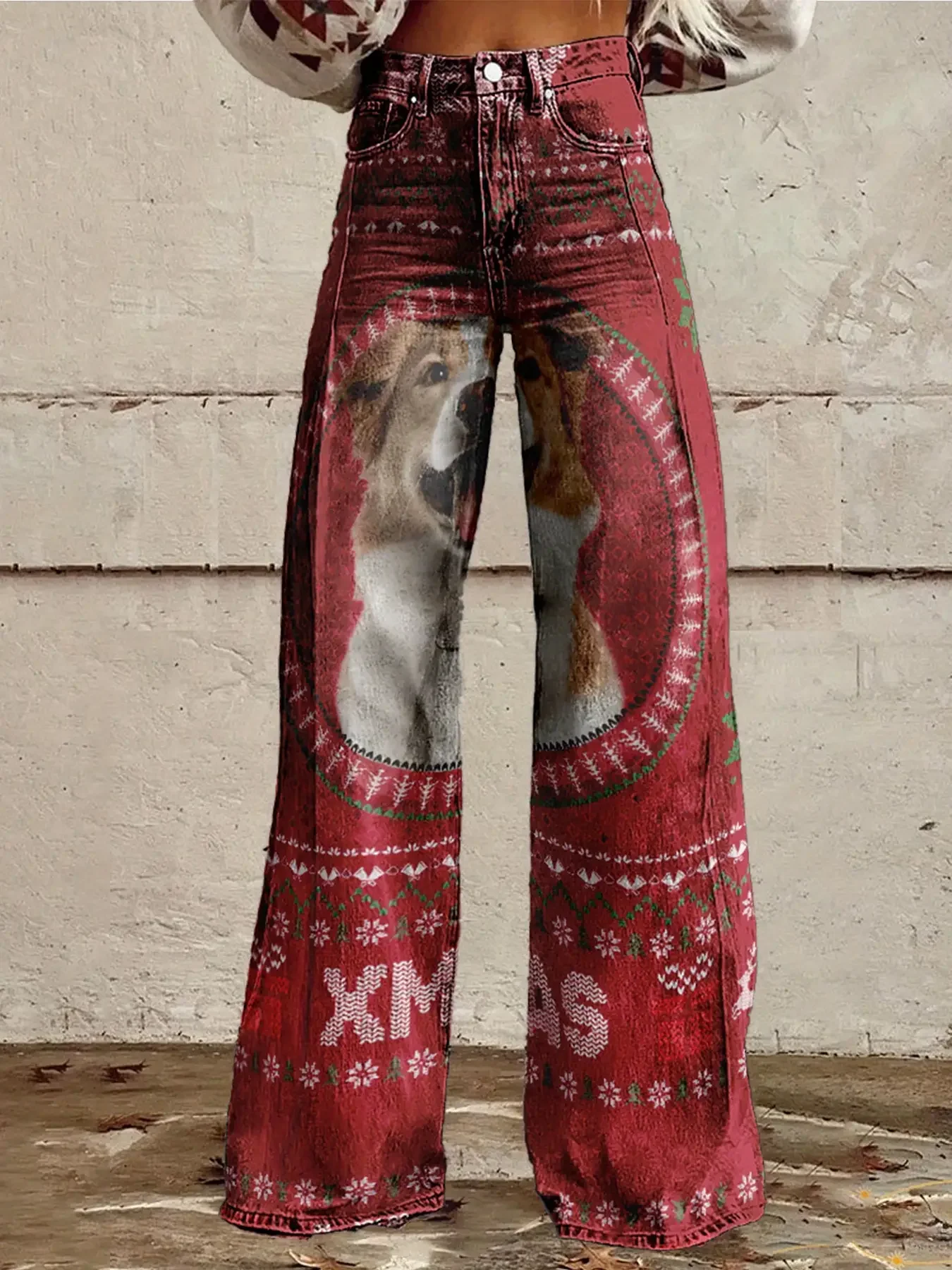 2026Women's imitation denim pants with retro fashion patterns, autumn and winter printed patterns, denim style,