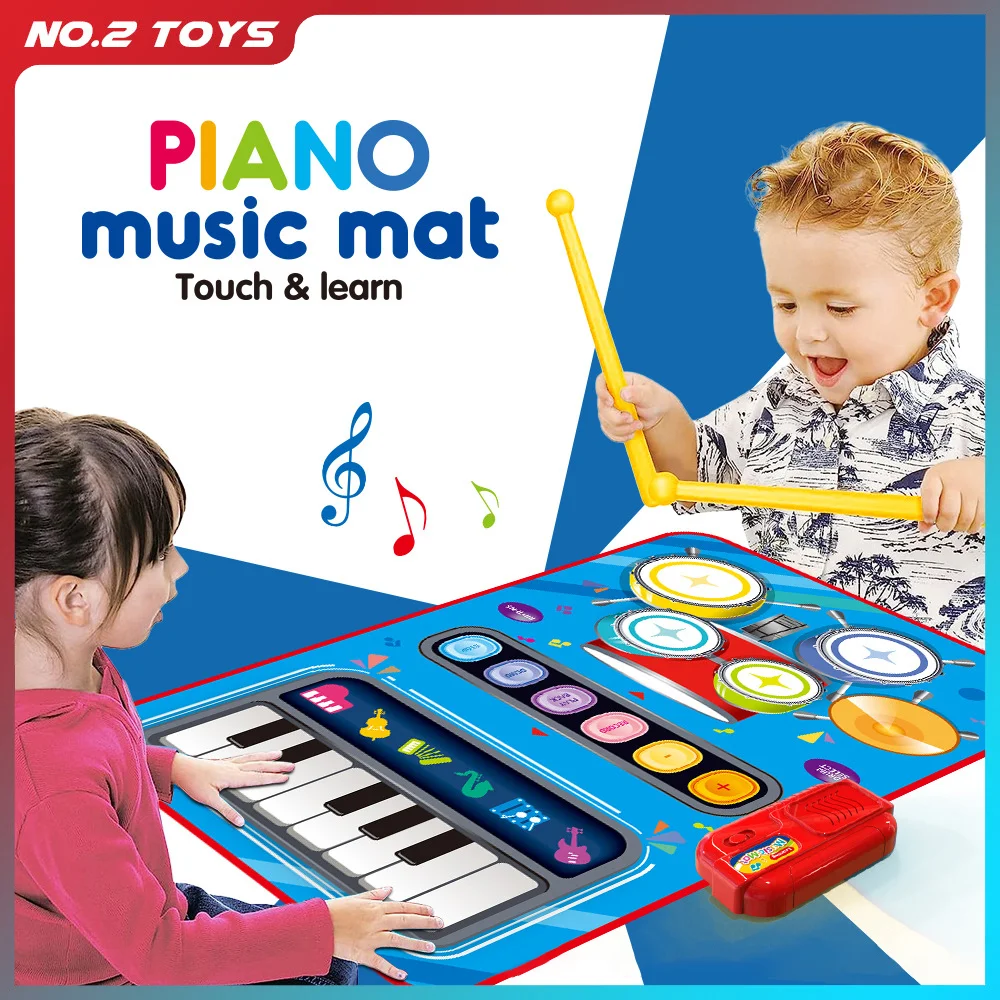 2 IN 1 Kids Drum Piano Mat Floor Keyboard Dance Mat Play Musical Carpet Music Instrument Toy for Toddlers Girls Boys Xmas Gifts