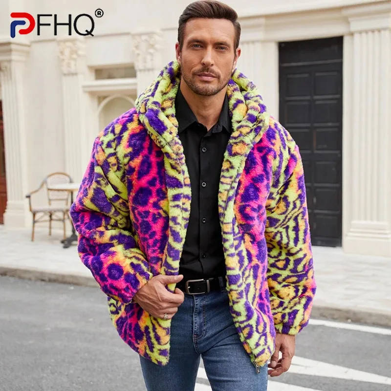 PFHQ Trend Men's Faux Fur Jacket Colorful Leopard Print Plush