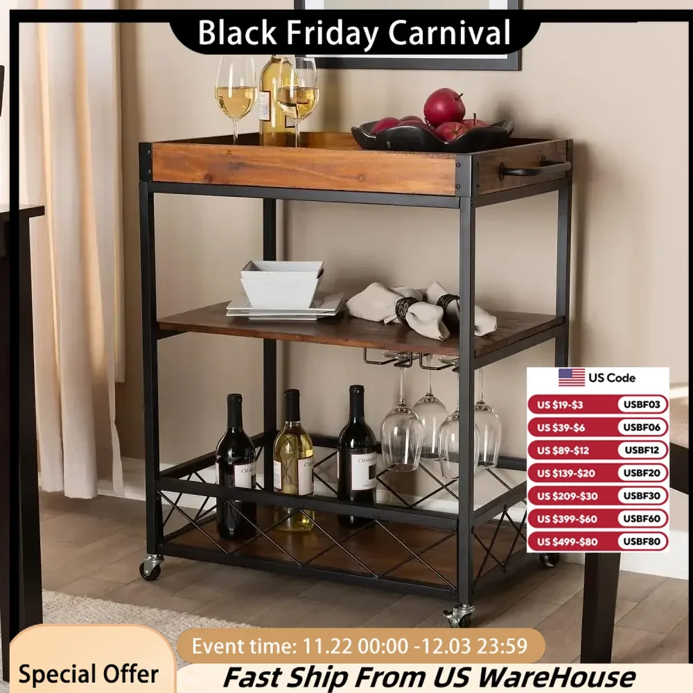 32.6-inch High Industrial Style Rolling Kitchen Island Wine Cart, Fir Wood Mobile Metal Bar Cart with Glass Rack