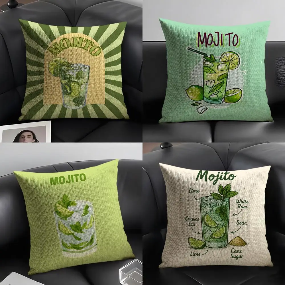 Mojito Cocktail INS Cushion Cover Natural Linen Organic Fabric Double-Sided Printing Sofa Home Decor Gift Pillow Case
