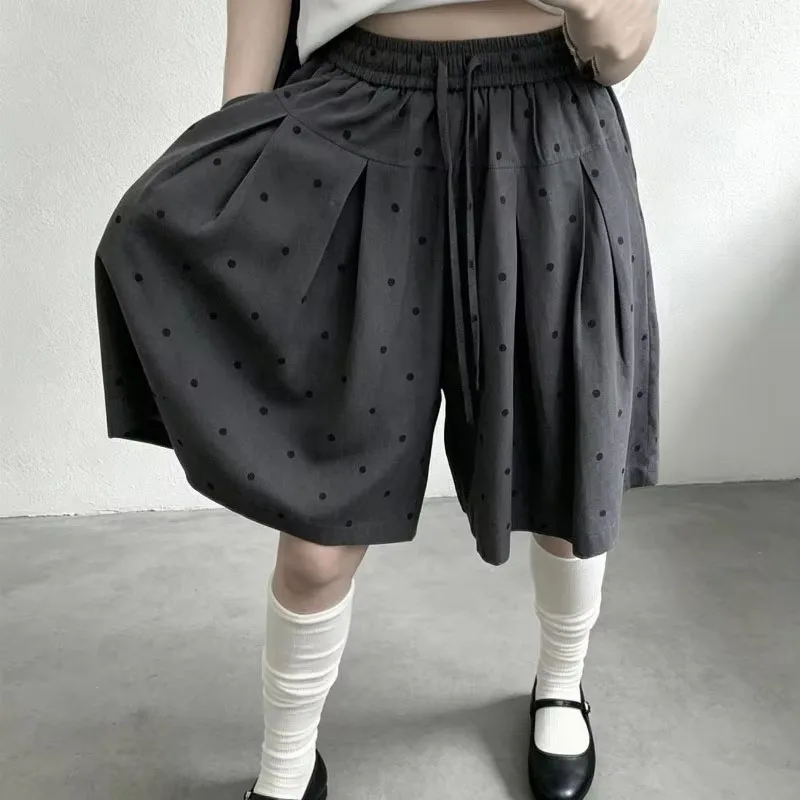 Korean Chic Polka Dot Capris Pants Women Elastic High Waist Drawstring Wide Leg Loose Trousers Retro Casual Streetwear