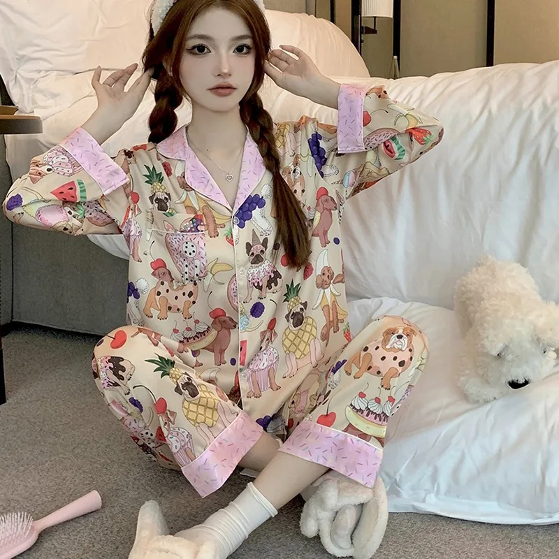 Women\'s New Pajamas Homewear Set Cartoon Graffiti Spring and Summer Ice Silk Thin Section Pajamas Long-Sleeved Girls Homewear