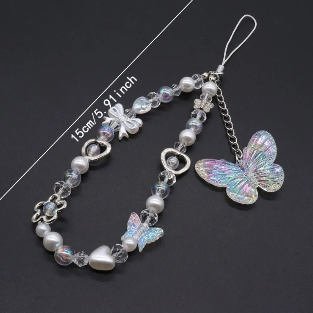 Ästhetischer Glänzender Perlen-Schlüsselanhänger Schillernder Holografischer Schmetterling Handy-Handgelenkriemen Vierfarbige Acryl-Lanyard-Kette Geschenk – Detail 1